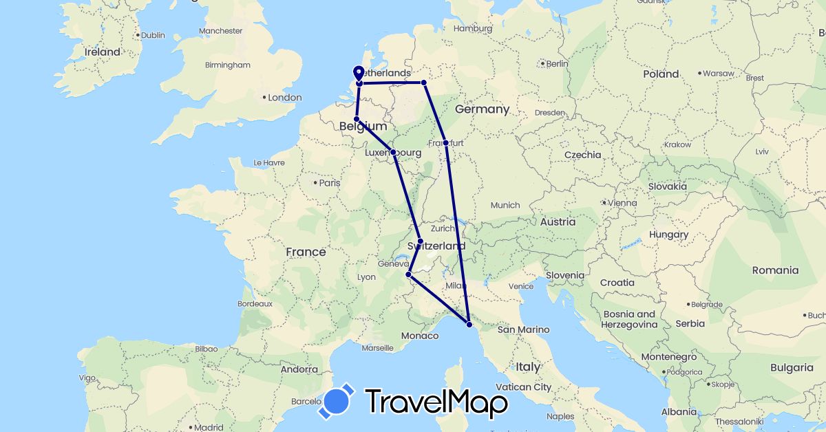 TravelMap itinerary: driving in Belgium, Switzerland, Germany, France, Italy, Luxembourg, Netherlands (Europe)